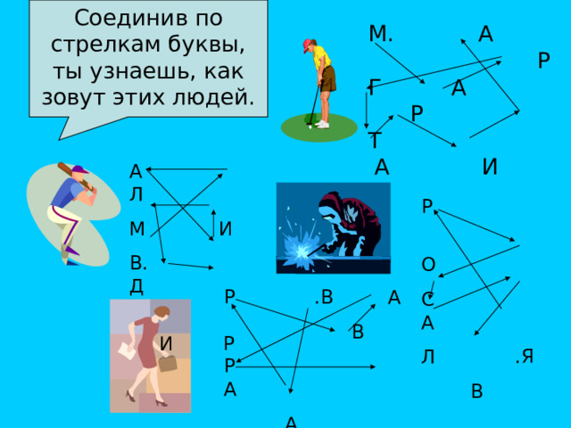 Соединив по стрелкам буквы, ты узнаешь, как зовут этих людей. М. А  Р Г А  Р Т  А И А Л М И В. Д  И Р Р  О С А Л .Я  В Р .В А  В Р А  А 