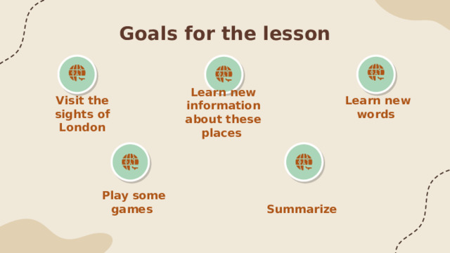 Goals for the lesson Learn new words Visit the sights of London Learn new information about these places Summarize Play some games 