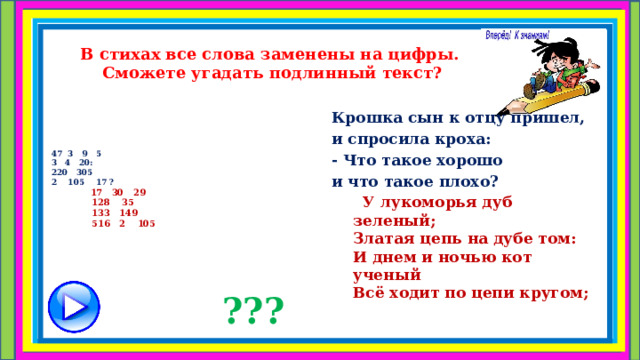 В стихах все слова заменены на цифры. Сможете угадать подлинный текст? Крошка сын к отцу пришел,  и спросила кроха:  - Что такое хорошо  и что такое плохо?  У лукоморья дуб зеленый;  Златая цепь на дубе том:  И днем и ночью кот ученый  Всё ходит по цепи кругом;  47 3 9 5  3 4 20:  220 305  2 105 17 ?   17 30 29  128 35  133 149  516 2 105      ??? 