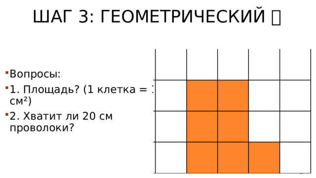 Шаг 3: Геометрический 📐   Вопросы: 1. Площадь? (1 клетка = 1 см²) 2. Хватит ли 20 см проволоки? 