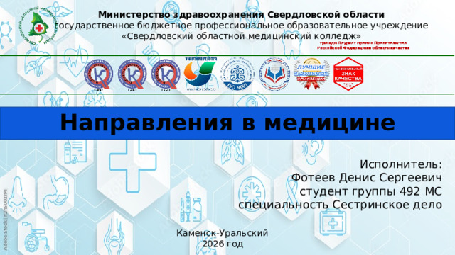 Министерство здравоохранения Свердловской области государственное бюджетное профессиональное образовательное учреждение «Свердловский областной медицинский колледж» Направления в медицине Исполнитель: Фотеев Денис Сергеевич студент группы 492 МС специальность Сестринское дело Каменск-Уральский 2026 год 