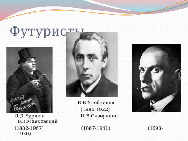 Футуристы  В.В.Хлебников  (1885-1922)  Д.Д.Бурлюк И.В.Северянин В.В.Маяковский  (1882-1967) (1887-1941) (1893-1930) 