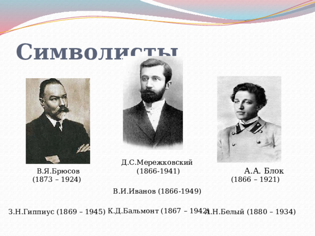 Символисты   Д.С.Мережковский  В.Я.Брюсов (1866-1941) А.А. Блок  (1873 – 1924) (1866 – 1921) В.И.Иванов (1866-1949) К.Д.Бальмонт (1867 – 1942) З.Н.Гиппиус (1869 – 1945) А.Н.Белый (1880 – 1934) 