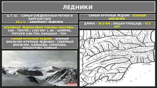 ЛЕДНИКИ Ц.Т. Ш. – САМЫЙ ОЛЕДЕНЕННЫЙ РЕГИОН В КЫРГЫЗСТАНЕ САМЫЙ КРУПНЫЙ ЛЕДНИК – ЮЖНЫЙ ЭНИЛЬЧЕК 20,1 % - ЗАНИМАЮТ ЛЕДНИКИ ДЛИНА – 58,9 КМ ; ОБЩАЯ ПЛОЩАДЬ – 613 КМ² ОСНОВНЫЕ ЛЕДНИКОВЫЕ РАЙОНЫ МАССИВЫ – ХАН – ТЕНГРИ ( 1580 КМ² ), АК – ШИЙРАК, ТЕРСКЕЙ АЛА-ТОО, КАКШААЛ – ТОО САМЫЙ КРУПНЫЙ ЛЕДНИК – ЮЖНЫЙ ЭНИЛЬЧЕК КРУПНЫЕ ЛЕДНИКИ : СЕВЕРНЫЙ ЭНИЛЬЧЕК, КАЙЫНДЫ, СЕМЕНОВА, МУШКЕТОВА, КОЙКАП 