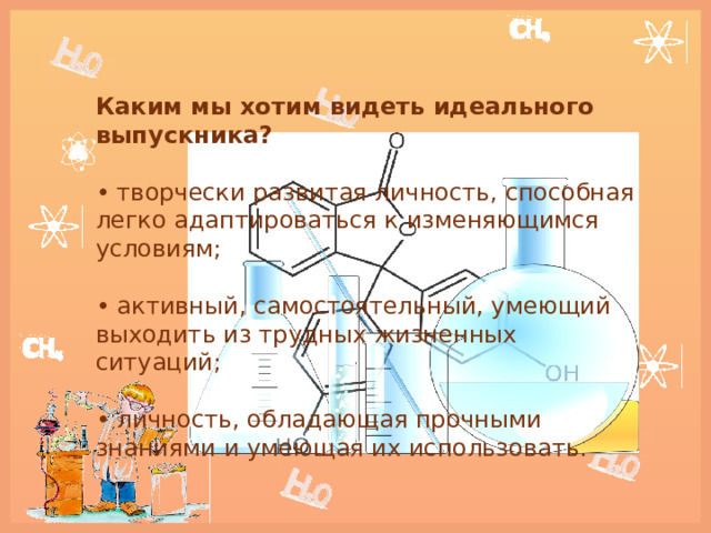 Каким мы хотим видеть идеального выпускника? • творчески развитая личность, способная легко адаптироваться к изменяющимся условиям; • активный, самостоятельный, умеющий выходить из трудных жизненных ситуаций; • личность, обладающая прочными знаниями и умеющая их использовать. 