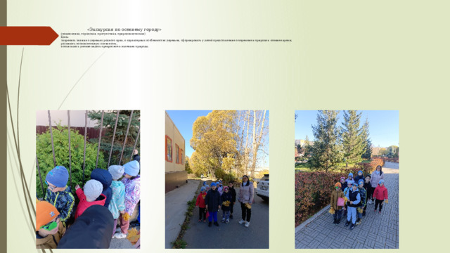  «Экскурсия по осеннему городу»  (пешеходная, городская, прогулочная, природоведческая)  Цель:  закрепить знания о деревьях родного края, о характерных особенностях деревьев, сформировать у детей представление о перемене в природе в осеннее время,  развивать познавательную активность,  воспитывать умение видеть прекрасное в явлениях природы.                         9   