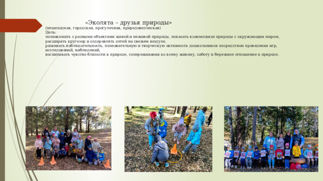  « Эколята – друзья природы»  (пешеходная, городская, прогулочная, природоведческая)  Цель:  познакомить с разными объектами живой и неживой природы, показать взаимосвязи природы с окружающим миром,  расширять кругозор и оздоровлять детей на свежем воздухе,  развивать наблюдательность, познавательную и творческую активность дошкольников посредством проведения игр, исследований, наблюдений,  воспитывать чувство близости к природе, сопереживания ко всему живому, заботу и бережное отношение к природе.     
