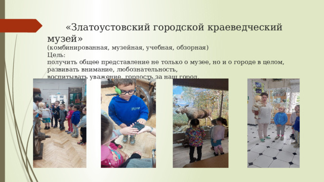  «Златоустовский городской краеведческий музей»  (комбинированная, музейная, учебная, обзорная)  Цель:  получить общее представление не только о музее, но и о городе в целом,  развивать внимание, любознательность,  воспитывать  уважение, гордость за наш город. 