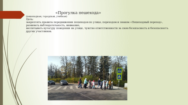  «Прогулка пешехода»  (пешеходная, городская, учебная)  Цель:   закреплять правила передвижения пешеходов по улице, переходом и знаком «Пешеходный переход»,  развивать наблюдательность, внимание,  воспитывать культуру поведения на улице, чувство ответственности за свою безопасность и безопасность других участников. 