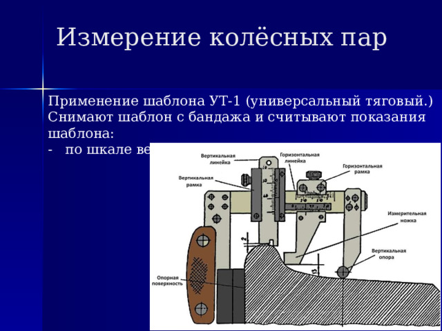 Измерение колёсных пар Применение шаблона УТ-1 (универсальный тяговый.) Снимают шаблон с бандажа и считывают показания шаблона: - по шкале вертикальной линейки - высоту гребня; 