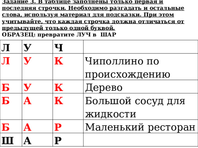 Задание 3. В таблице заполнены только первая и последняя строчки. Необходимо разгадать и остальные слова, используя материал для подсказки. При этом учитывайте, что каждая строчка должна отличаться от предыдущей только одной буквой. ОБРАЗЕЦ: превратите ЛУЧ в ШАР Л У Л У Ч Б У К Б А Чиполлино по происхождению Б К К Дерево А Ш А Большой сосуд для жидкости Р Маленький ресторан Р 