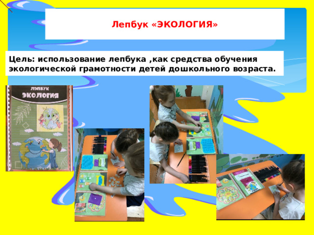 Лепбук «ЭКОЛОГИЯ» Цель: использование лепбука ,как средства обучения экологической грамотности детей дошкольного возраста. 