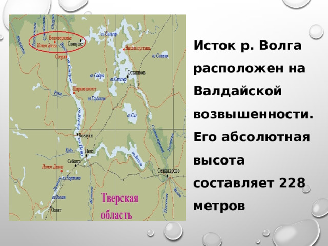 Исток р. Волга расположен на Валдайской возвышенности. Его абсолютная высота составляет 228 метров 