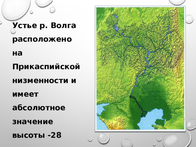 Устье р. Волга расположено на Прикаспийской низменности и имеет абсолютное значение высоты -28 метров над уровнем моря. 