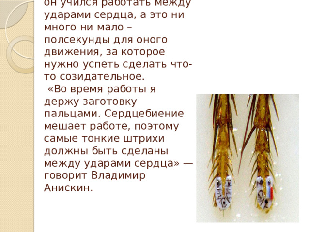 На протяжении многих лет он учился работать между ударами сердца, а это ни много ни мало – полсекунды для оного движения, за которое нужно успеть сделать что-то созидательное.  «Во время работы я держу заготовку пальцами. Сердцебиение мешает работе, поэтому самые тонкие штрихи должны быть сделаны между ударами сердца» — говорит Владимир Анискин.   