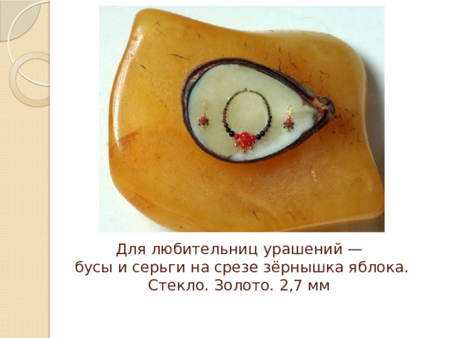 Для любительниц урашений —  бусы и серьги на срезе зёрнышка яблока. Стекло. Золото. 2,7 мм 