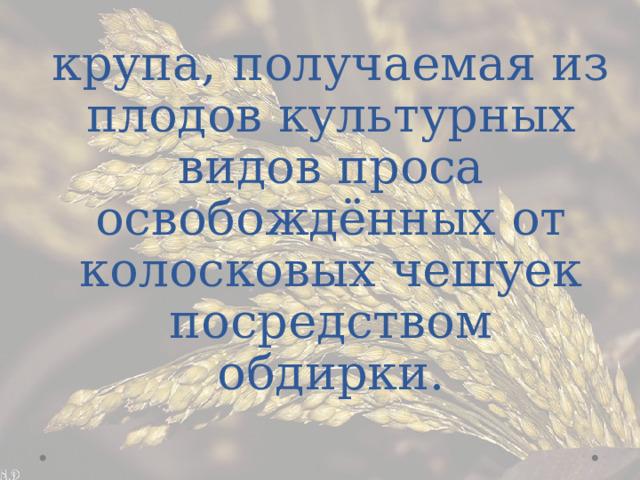 Пшено́ —   крупа, получаемая из плодов культурных видов проса освобождённых от колосковых чешуек посредством обдирки. 