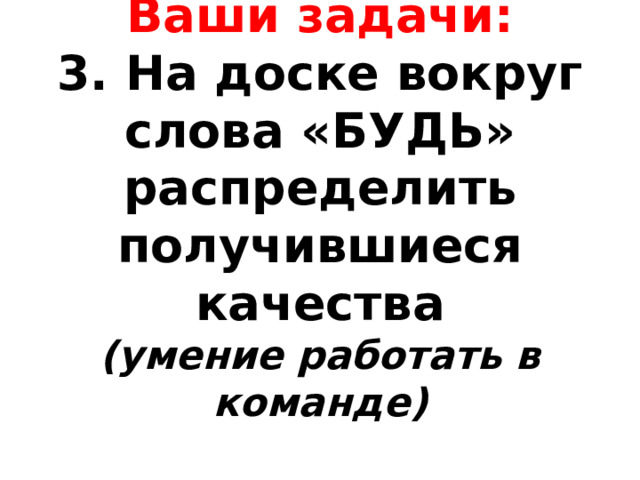 Ваши задачи:  3. На доске вокруг слова «БУДЬ» распределить получившиеся качества  (умение работать в команде)   