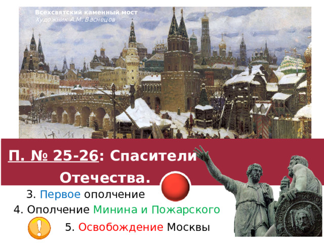 Всехсвятский каменный мост Художник А.М. Васнецов П. № 25-26 : Спасители Отечества. 3. Первое ополчение 4. Ополчение Минина и Пожарского 5. Освобождение Москвы 