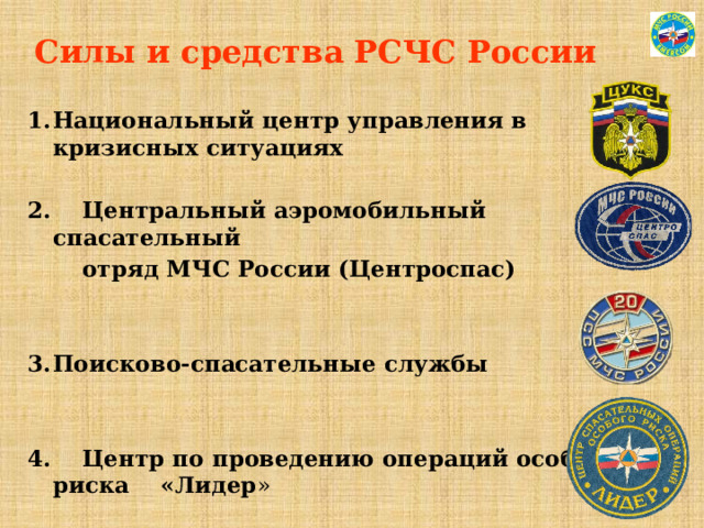 Силы и средства РСЧС России Национальный центр управления в кризисных ситуациях  2. Центральный аэромобильный спасательный  отряд МЧС России (Центроспас)   Поисково-спасательные службы   4. Центр по проведению операций особого риска «Лидер » 