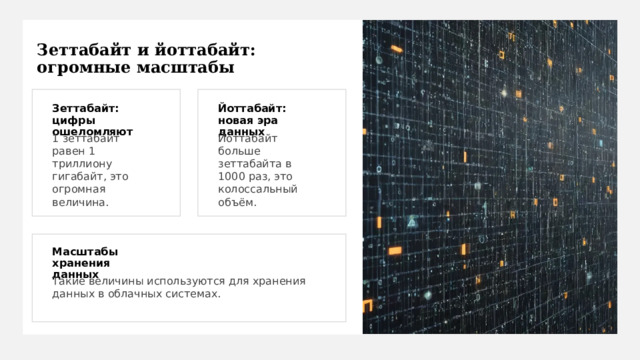 Зеттабайт и йоттабайт: огромные масштабы Зеттабайт: цифры ошеломляют Йоттабайт: новая эра данных 1 зеттабайт равен 1 триллиону гигабайт, это огромная величина. Йоттабайт больше зеттабайта в 1000 раз, это колоссальный объём. Масштабы хранения данных Такие величины используются для хранения данных в облачных системах. 