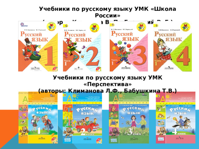 Учебники по русскому языку УМК «Школа России» (авторы: Канакина В. П., Горецкий В. Г.) Учебники по русскому языку УМК «Перспектива» (авторы: Климанова Л.Ф., Бабушкина Т.В.) 