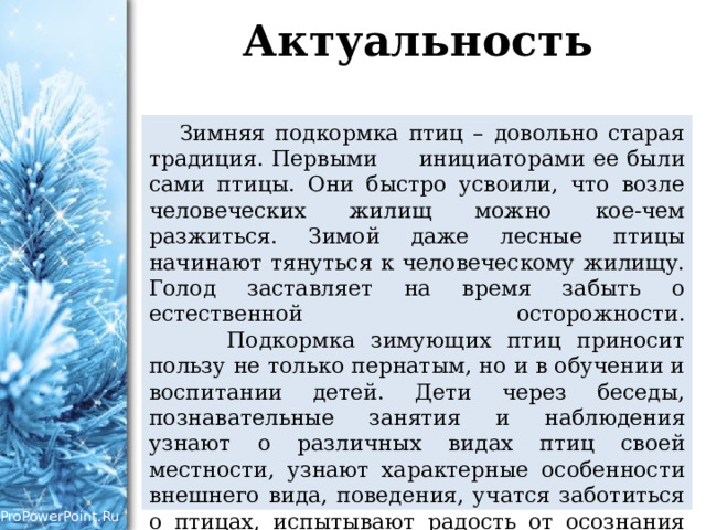 Актуальность  Зимняя подкормка птиц – довольно старая традиция. Первыми инициаторами ее были сами птицы. Они быстро усвоили, что возле человеческих жилищ можно кое-чем разжиться. Зимой даже лесные птицы начинают тянуться к человеческому жилищу. Голод заставляет на время забыть о естественной осторожности.  Подкормка зимующих птиц приносит пользу не только пернатым, но и в обучении и воспитании детей. Дети через беседы, познавательные занятия и наблюдения узнают о различных видах птиц своей местности, узнают характерные особенности внешнего вида, поведения, учатся заботиться о птицах, испытывают радость от осознания того, что, делясь крохами, подкармливая птиц, можно спасти их от гибели. 