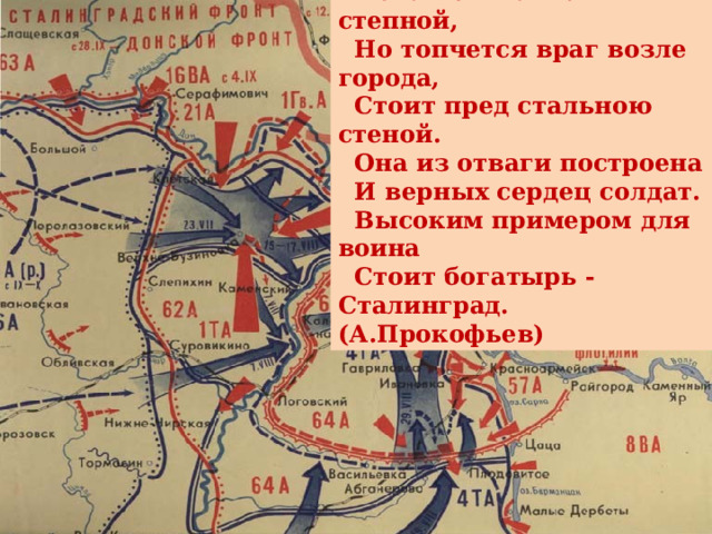  До Волги фашистскими ордами  Истоптан ковыль степной,  Но топчется враг возле города,  Стоит пред стальною стеной.  Она из отваги построена  И верных сердец солдат.  Высоким примером для воина  Стоит богатырь - Сталинград.  (А.Прокофьев) Гитлер и Паулюс  за разработкой военных планов. 5 апреля 1942 г. Гитлер подписал директиву № 41. Цель: овладеть промышленным центром — Сталинградом, выйти к Волге и по ней в кратчайшие сроки попасть в Каспийское море, на Кавказ, где добывалась необходимая для фронта нефть. По замыслу Гитлера на этот прорыв уйдет неделя и осуществит его 6-я полевая армия Паулюса. 