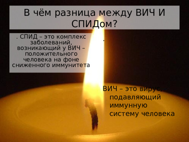 В чём разница между ВИЧ И СПИДом? . СПИД – это комплекс заболеваний, возникающий у ВИЧ – положительного человека на фоне сниженного иммунитета . ВИЧ – это вирус, подавляющий иммунную систему человека 