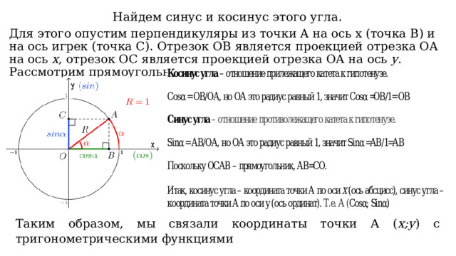 Найдем синус и косинус этого угла. Для этого опустим перпендикуляры из точки A на ось x (точка B) и на ось игрек (точка C). Отрезок OB является проекцией отрезка OA на ось x , отрезок OC является проекцией отрезка OA на ось y . Рассмотрим прямоугольный треугольник AOB: Таким образом, мы связали координаты точки А ( х;у ) с тригонометрическими функциями 