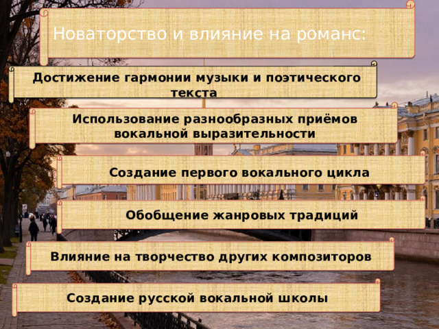 Новаторство и влияние на романс:  Достижение гармонии музыки и поэтического текста Использование разнообразных приёмов вокальной выразительности  Создание первого вокального цикла   Обобщение жанровых традиций Влияние на творчество других композиторов Создание русской вокальной школы 