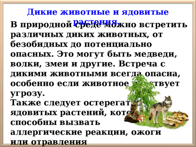 Дикие животные и ядовитые растения. В природной среде можно встретить различных диких животных, от безобидных до потенциально опасных. Это могут быть медведи, волки, змеи и другие. Встреча с дикими животными всегда опасна, особенно если животное чувствует угрозу. Также следует остерегаться ядовитых растений, которые способны вызвать аллергические реакции, ожоги или отравления при контакте или употреблении в пищу. 