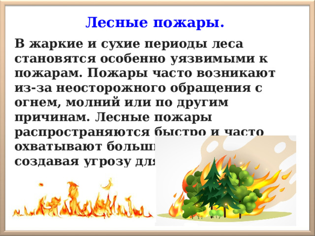 Лесные пожары. В жаркие и сухие периоды леса становятся особенно  уязвимыми к пожарам. Пожары часто возникают из-за неосторожного обращения с огнем, молний или по другим причинам. Лесные пожары распространяются  быстро и часто охватывают большие площади, создавая угрозу для жизни людей и разрушая природные экосистемы. 