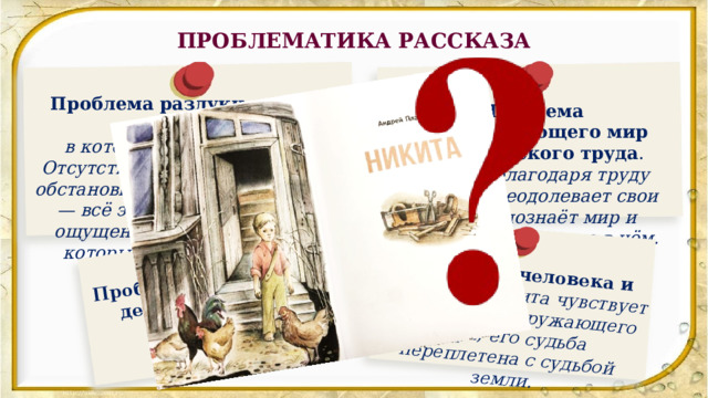 Проблема уязвимости детского мира , не защищённого родительской мудростью.  Тема связи человека и природы . Никита чувствует себя частью окружающего мира, его судьба переплетена с судьбой земли.  ПРОБЛЕМАТИКА РАССКАЗА Проблема разлуки детей с родителями , в которой виновата война. Отсутствие отца, напряжённая обстановка в деревне, ожидание — всё это создаёт у Никиты ощущение тревоги и страха, которые отражаются в его восприятии мира.  Проблема преображающего мир человеческого труда . Именно благодаря труду Никита преодолевает свои страхи, познаёт мир и понимает своё место в нём.  