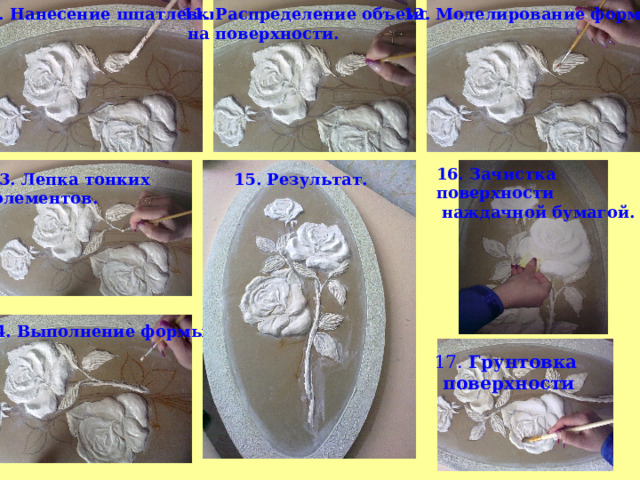 12. Моделирование формы. 10. Нанесение шпатлевки. 11. Распределение объемов  на поверхности. 16. Зачистка поверхности  наждачной бумагой. 13. Лепка тонких  элементов. 15. Результат. 14. Выполнение формы. 17.  Грунтовка  поверхности 