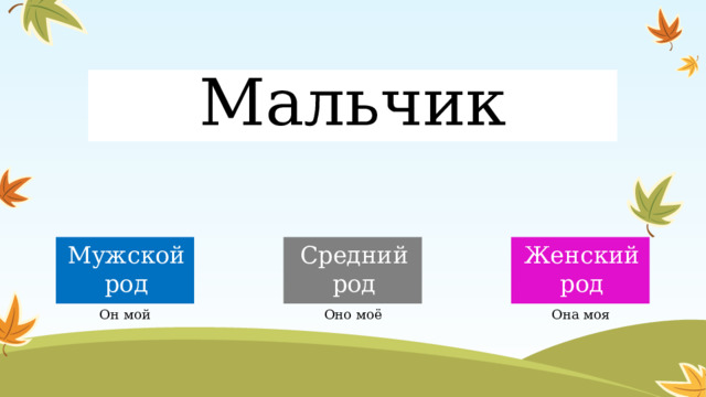Мальчик Мужской род Средний род Женский род Он мой Оно моё Она моя  