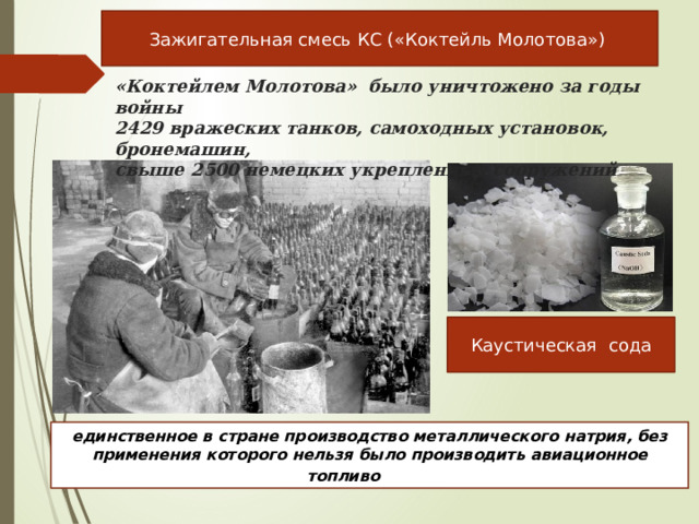 Зажигательная смесь КС («Коктейль Молотова») «Коктейлем Молотова» было уничтожено за годы войны  2429 вражеских танков, самоходных установок, бронемашин,  свыше 2500 немецких укрепленных сооружений Каустическая сода единственное в стране производство металлического натрия, без применения которого нельзя было производить авиационное топливо сода 
