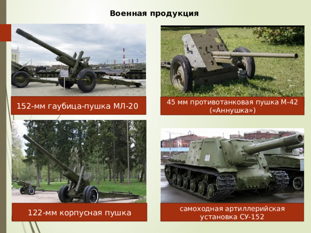 Военная продукция 152-мм гаубица-пушка МЛ-20 45 мм противотанковая пушка М-42 («Аннушка») самоходная артиллерийская установка СУ-152 122-мм корпусная пушка 