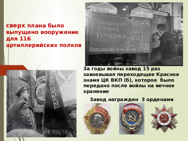 сверх плана было выпущено вооружение для 116 артиллерийских полков   За годы войны завод 15 раз завоевывал переходящее Красное знамя ЦК ВКП (б), которое было передано после войны на вечное хранение Завод награжден  3 орденами 