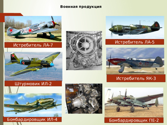 Военная продукция Истребитель ЛА-5 Истребитель ЛА-7 Истребитель ЯК-3 Штурмовик ИЛ-2 Бомбардировщик ИЛ-4 Бомбардировщик ПЕ-2 
