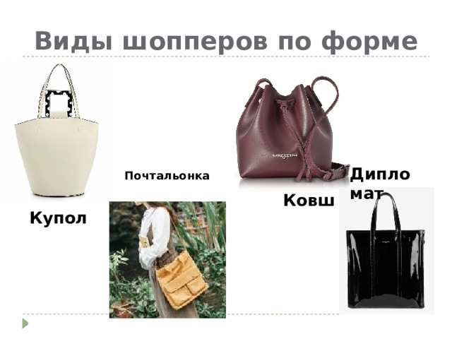 Виды шопперов по форме  Дипломат Почтальонка  Ковш Купол 