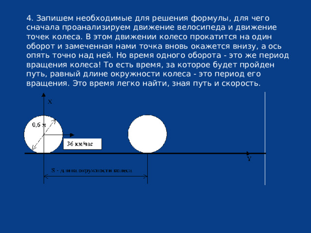 4. Запишем необходимые для решения формулы, для чего сначала проанализируем движение велосипеда и движение точек колеса. В этом движении колесо прокатится на один оборот и замеченная нами точка вновь окажется внизу, а ось опять точно над ней. Но время одного оборота - это же период вращения колеса! То есть время, за которое будет пройден путь, равный длине окружности колеса - это период его вращения. Это время легко найти, зная путь и скорость. 