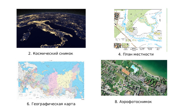 2. Космический снимок 4. План местности 8. Аэрофотоснимок 6. Географическая карта 