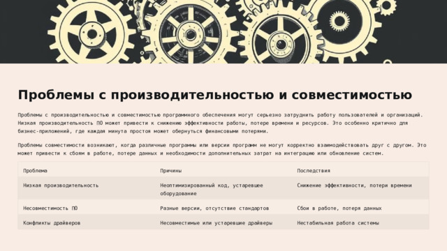 Проблемы с производительностью и совместимостью Проблемы с производительностью и совместимостью программного обеспечения могут серьезно затруднить работу пользователей и организаций. Низкая производительность ПО может привести к снижению эффективности работы, потере времени и ресурсов. Это особенно критично для бизнес-приложений, где каждая минута простоя может обернуться финансовыми потерями. Проблемы совместимости возникают, когда различные программы или версии программ не могут корректно взаимодействовать друг с другом. Это может привести к сбоям в работе, потере данных и необходимости дополнительных затрат на интеграцию или обновление систем. Проблема Причины Последствия Снижение эффективности, потери времени Неоптимизированный код, устаревшее оборудование Низкая производительность Несовместимость ПО Разные версии, отсутствие стандартов Сбои в работе, потеря данных Конфликты драйверов Несовместимые или устаревшие драйверы Нестабильная работа системы  
