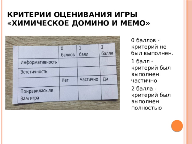 Критерии оценивания игры «Химическое домино и мемо» 0 баллов - критерий не был выполнен. 1 балл - критерий был выполнен частично 2 балла -критерий был выполнен полностью 