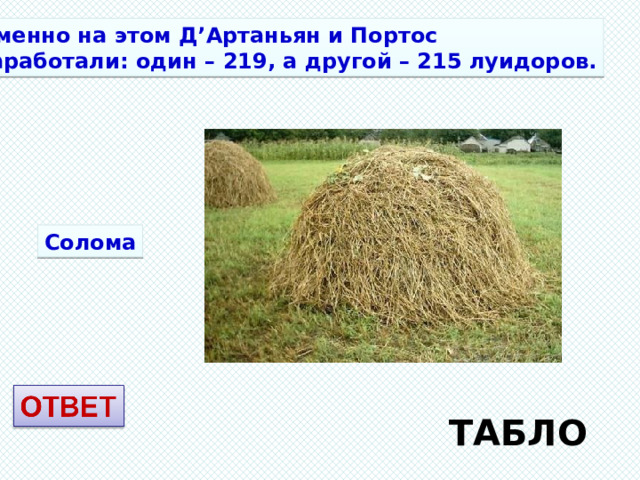 Именно на этом Д’Артаньян и Портос заработали: один – 219, а другой – 215 луидоров. Солома ТАБЛО 