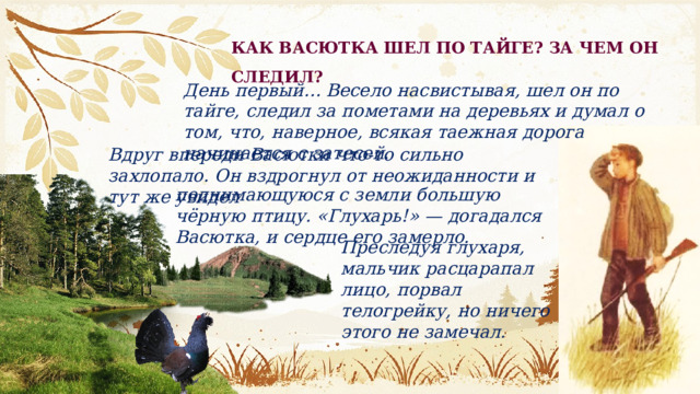 КАК ВАСЮТКА ШЕЛ ПО ТАЙГЕ? ЗА ЧЕМ ОН СЛЕДИЛ? День первый… Весело насвистывая, шел он по тайге, следил за пометами на деревьях и думал о том, что, наверное, всякая таежная дорога начинается с затесей. Вдруг впереди Васютки что-то сильно захлопало. Он вздрогнул от неожиданности и тут же увидел поднимающуюся с земли большую чёрную птицу. «Глухарь!» — догадался Васютка, и сердце его замерло. Преследуя глухаря, мальчик расцарапал лицо, порвал телогрейку, но ничего этого не замечал. 