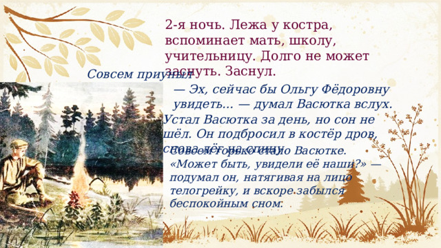 2-я ночь. Лежа у костра, вспоминает мать, школу, учительницу. Долго не может заснуть. Заснул. Совсем приуныл Васютка. — Эх, сейчас бы Ольгу Фёдоровну увидеть… — думал Васютка вслух. Устал Васютка за день, но сон не шёл. Он подбросил в костёр дров, снова лёг на спину. Совсем горько стало Васютке. «Может быть, увидели её наши?» — подумал он, натягивая на лицо телогрейку, и вскоре забылся беспокойным сном. 