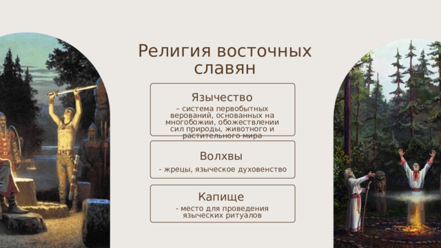 Религия восточных славян Язычество – система первобытных верований, основанных на многобожии, обожествлении сил природы, животного и растительного мира Волхвы - жрецы, языческое духовенство Капище - место для проведения языческих ритуалов 