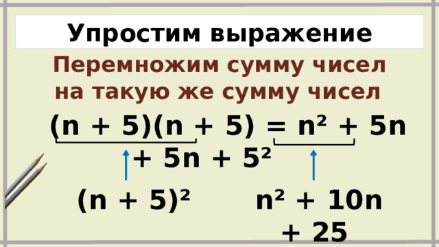 Упростим выражение Перемножим сумму чисел на такую же сумму чисел   (n + 5)(n + 5) = n² + 5n + 5n + 5²   (n + 5)²  n² + 10n + 25 